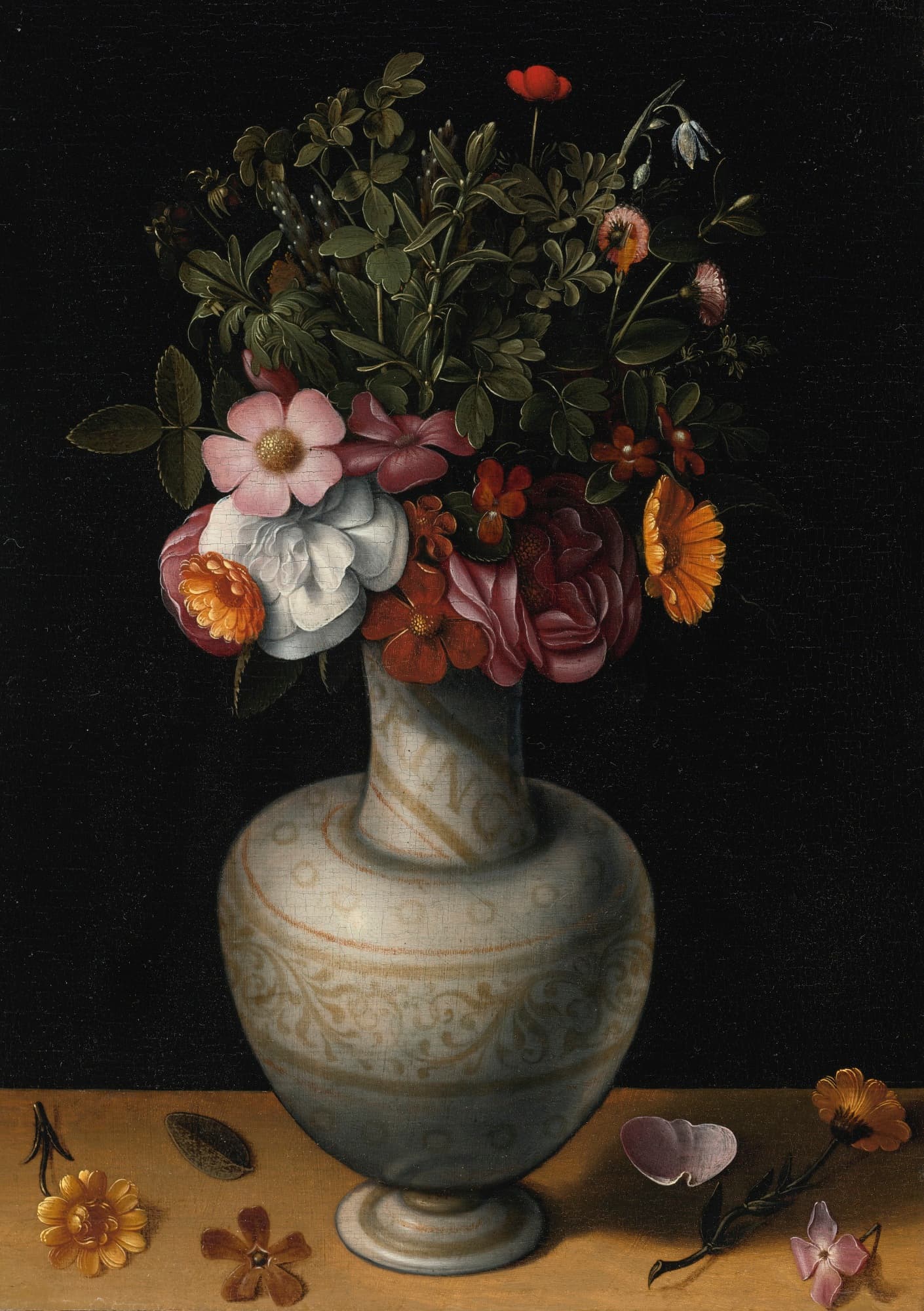 A sixteenth-century still life of roses and peonies in an earthenware vase